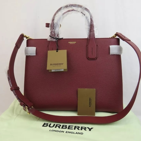 $1790 BURBERRY MD BANNER CRIMSON LEATHER CHECK CANVAS SHOULDER MEDIUM TOTE BAG - Picture 3 of 3